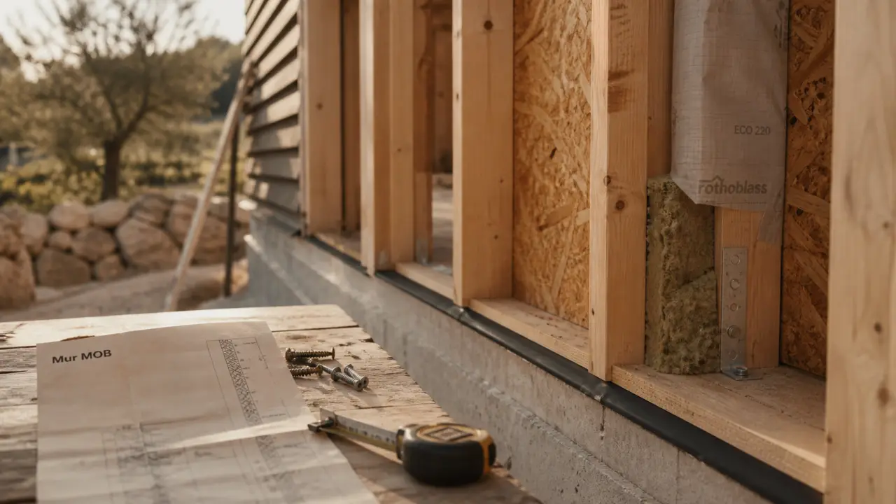 Mur à ossature bois en montage : lisse, montants OSB et isolant