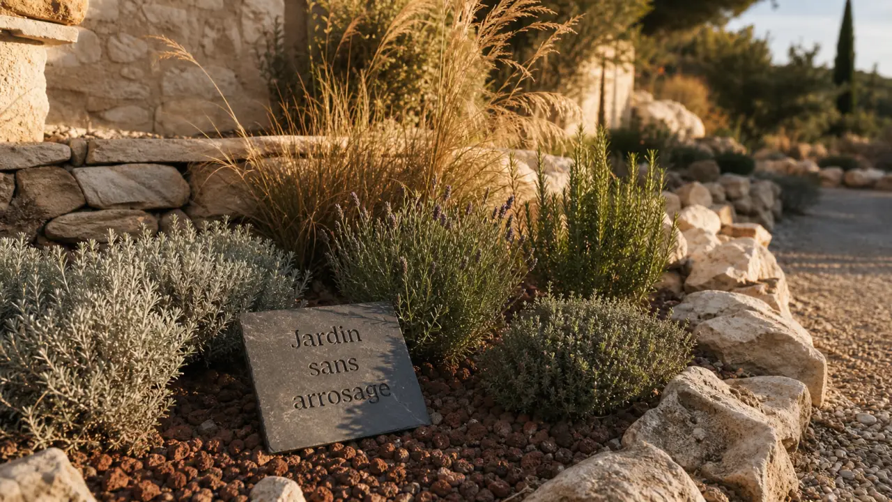 Plantes méditerranéennes sans arrosage en rocaille au plein soleil : lavande, thym, romarin