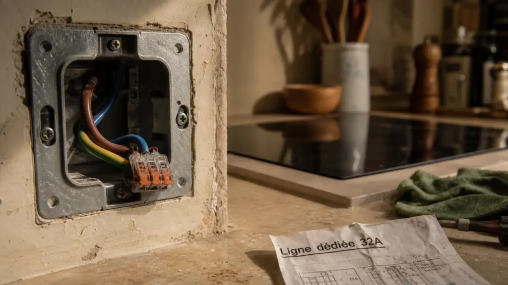 Prise plaque de cuisson : prise standard, 32A ou sortie de câble selon le modèle