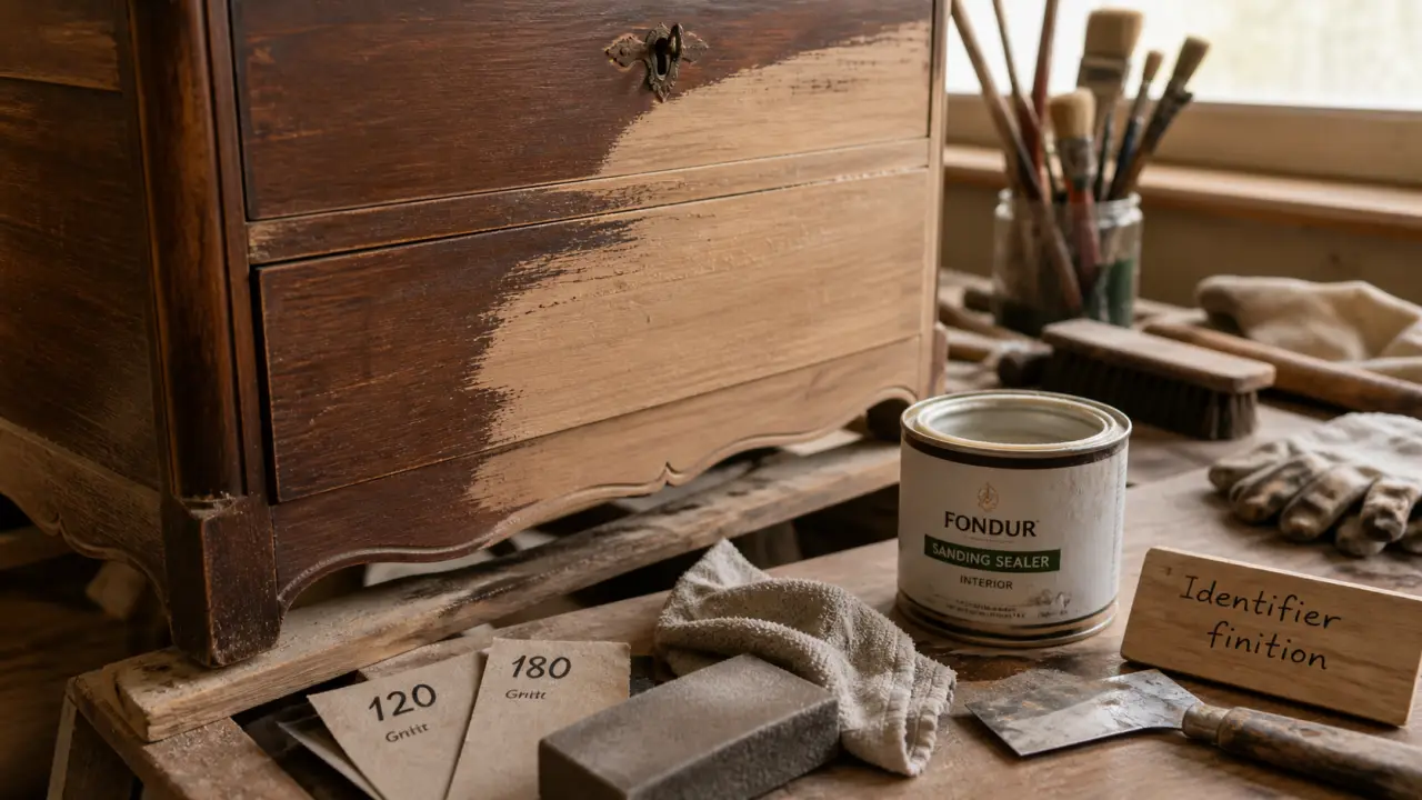 Renover un meuble : commode en bois en cours de décapage et ponçage, grains 120/180