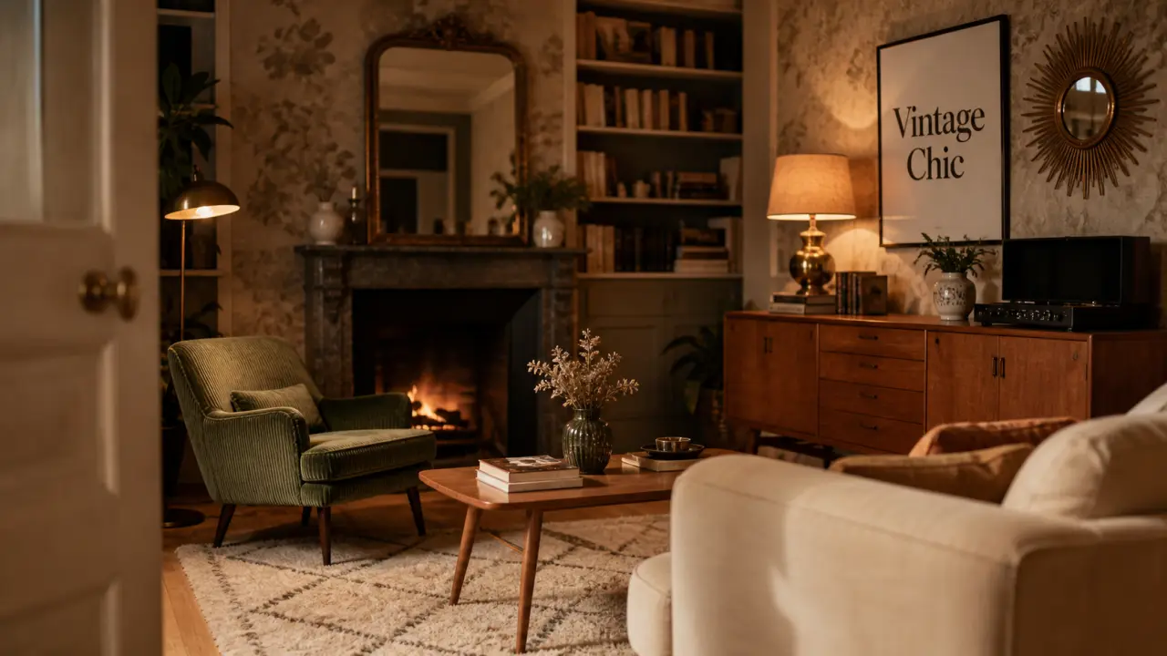 Salon vintage deco : canapé et fauteuil rétro, palette chaude