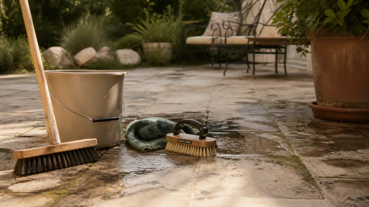 Terrasse nettoyage savon noir et pression douce, sans abîmer la pierre