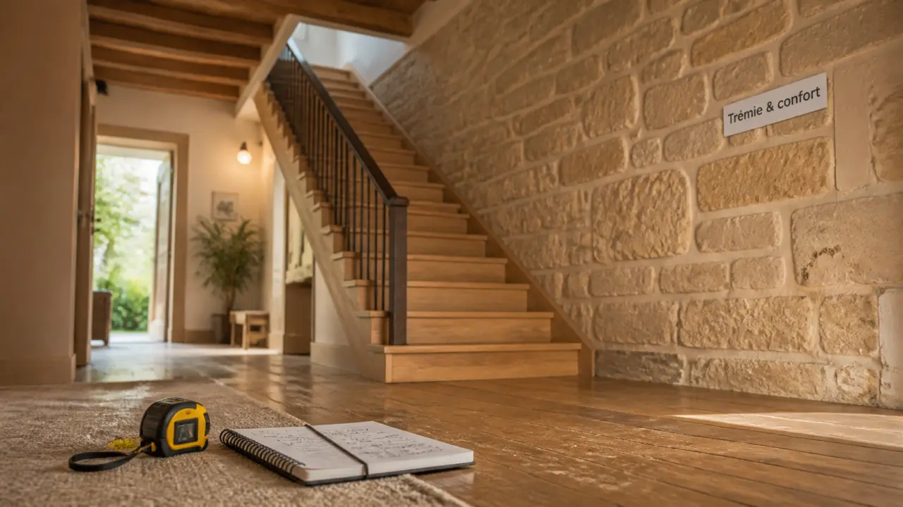 Type escalier : escalier droit bois et trémie visible