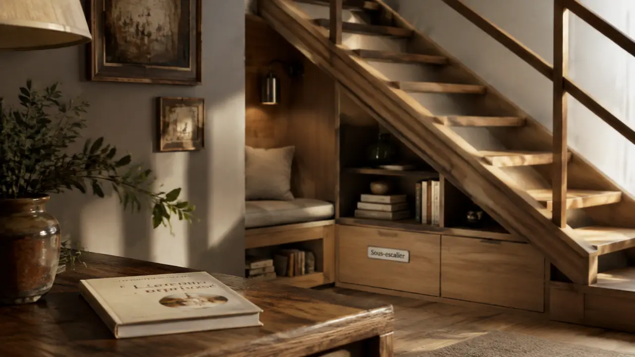 Aménagement sous escalier ouvert avec rangement et coin lecture sous escalier