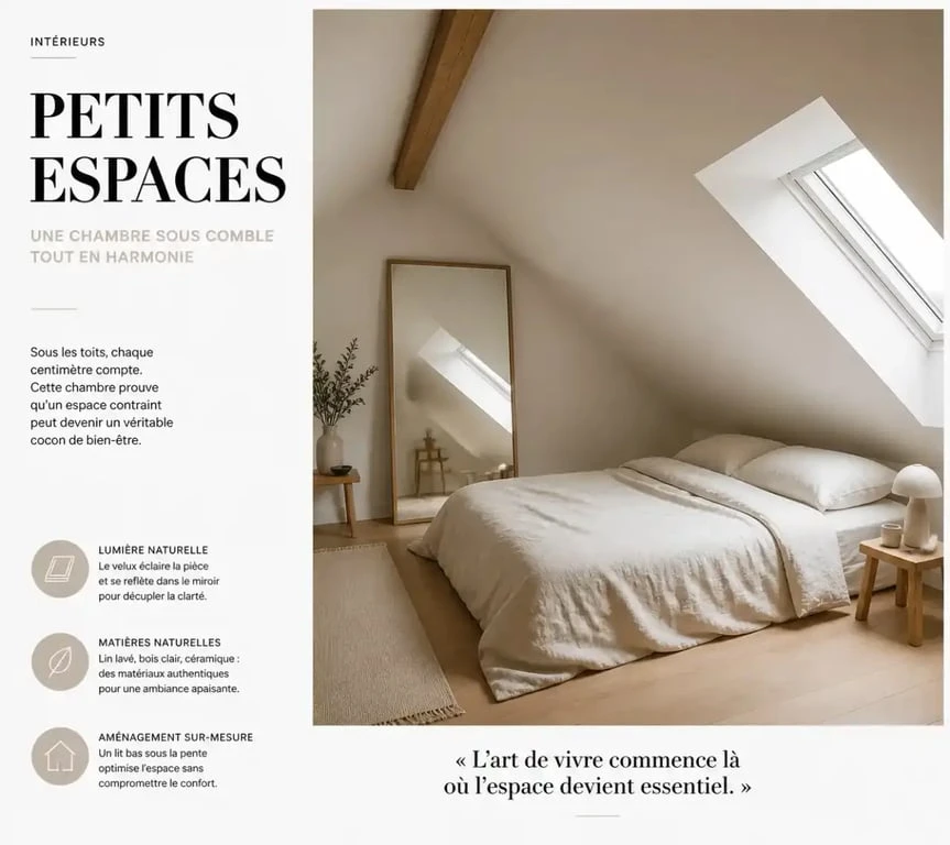 Chambre sous comble très bas avec lit bas, couleurs claires et miroir pour agrandir l'espace