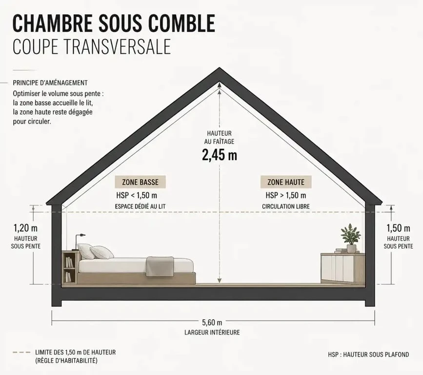 Schéma en coupe d'une chambre sous comble très bas montrant les zones de hauteur sous pente