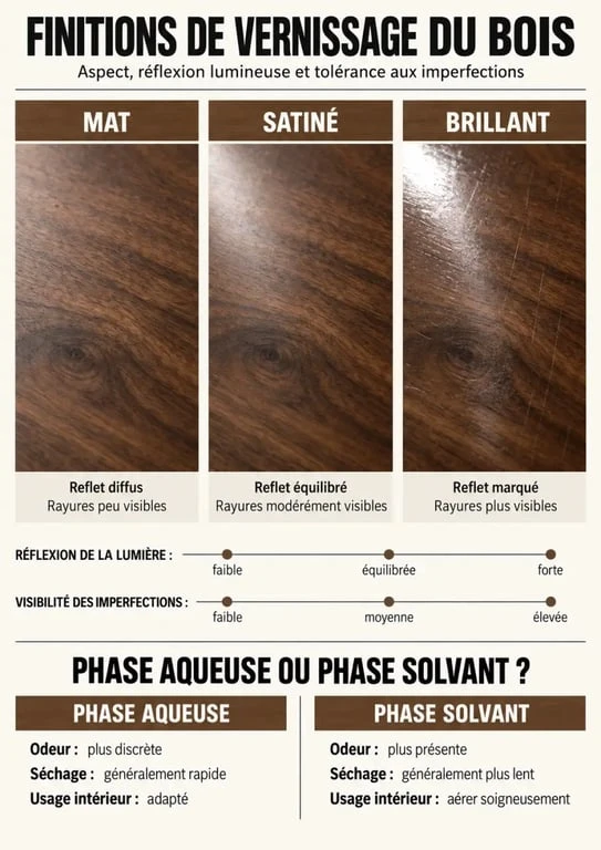 Comparatif visuel des finitions mat, satinée et brillante pour le vernissage d’un meuble en bois