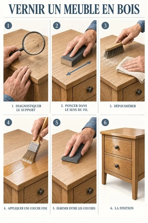 Étapes du vernissage d’un meuble en bois, du ponçage à l’application du vernis