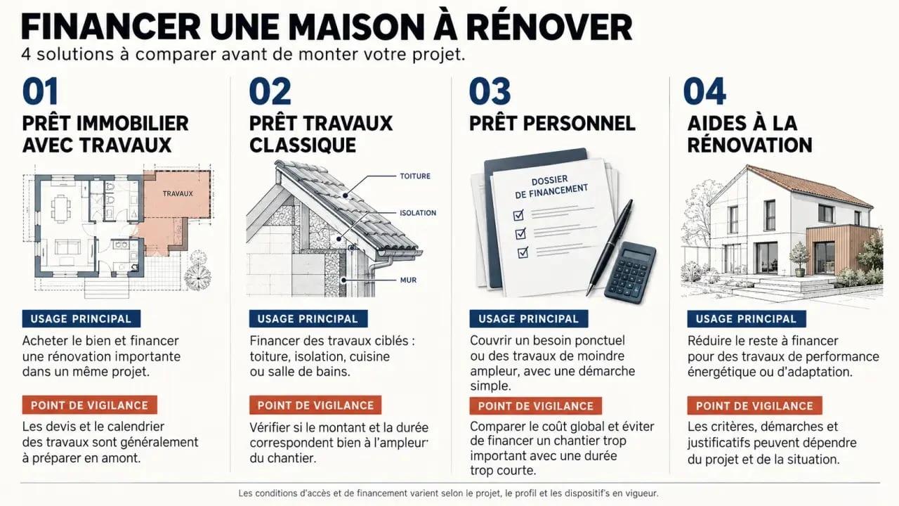 Infographie sur les solutions pour acheter une maison avec travaux et financer la rénovation