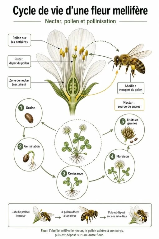 Schéma explicatif de la morphologie d'une plante mellifère et son rôle pour les abeilles