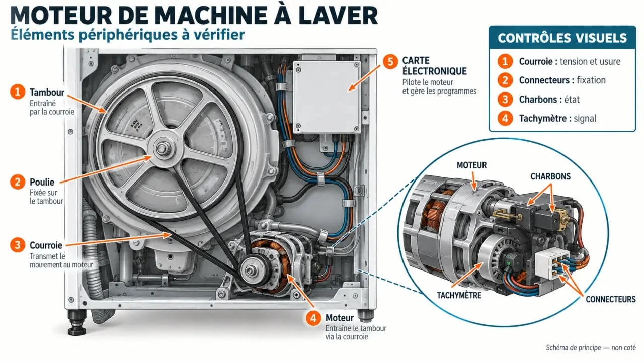 Schéma de diagnostic d’un moteur de machine à laver avec courroie, poulie, charbons et tachymètre