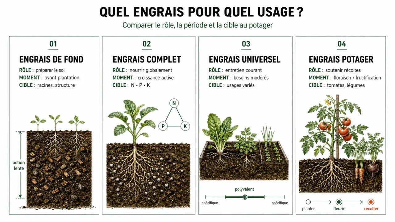 engrai jardin potager : comparaison visuelle des engrais de fond, complets, universels et spécifiques
