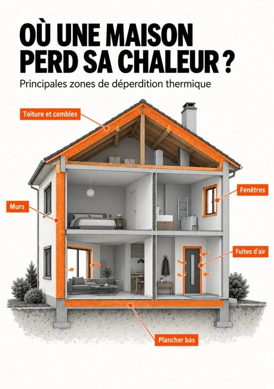 Infographie des caractéristiques d’une maison année 70 et de ses principales déperditions thermiques