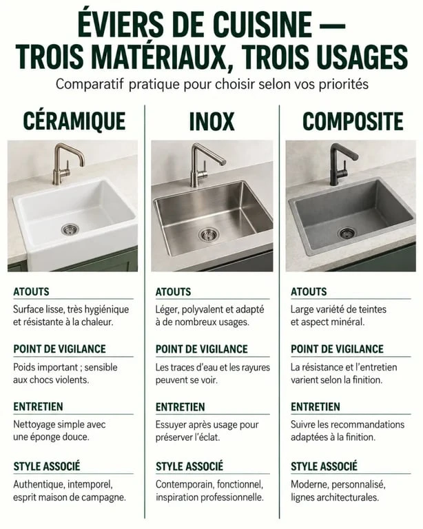 Comparatif visuel d’un évier céramique avec les éviers en inox et en composite