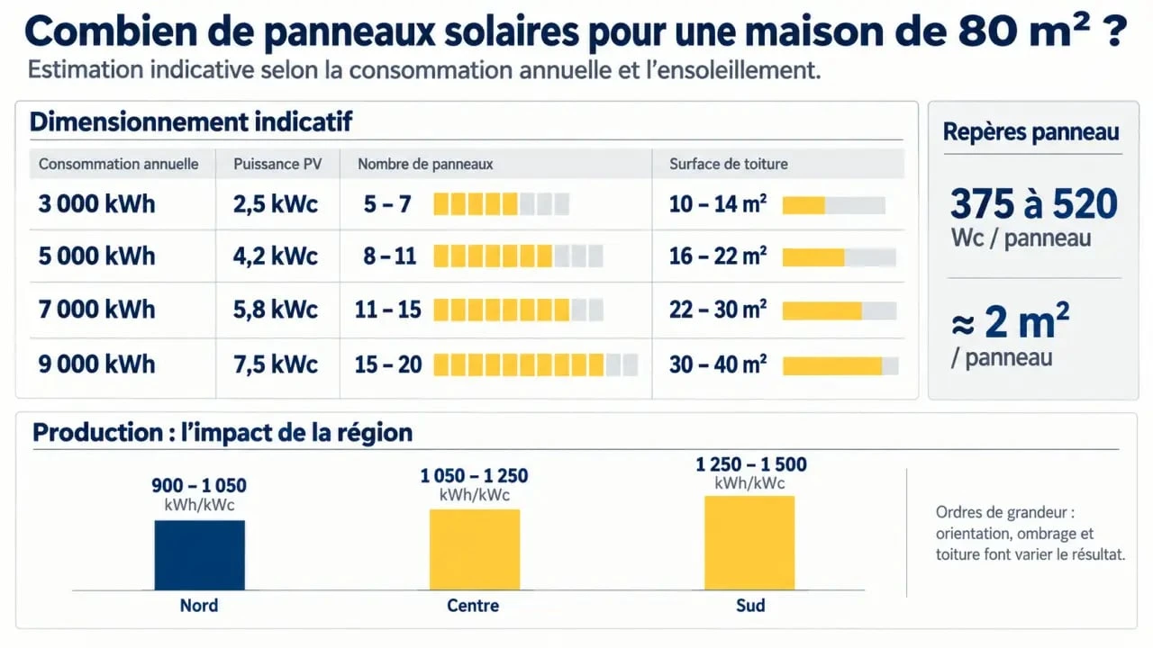 Infographie sur combien de panneau solaire pour une maison de 80m2 selon la consommation, la puissance et la surface de toiture