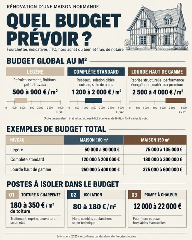 Infographie du budget d’une rénovation de maison normande selon la surface et le niveau de travaux