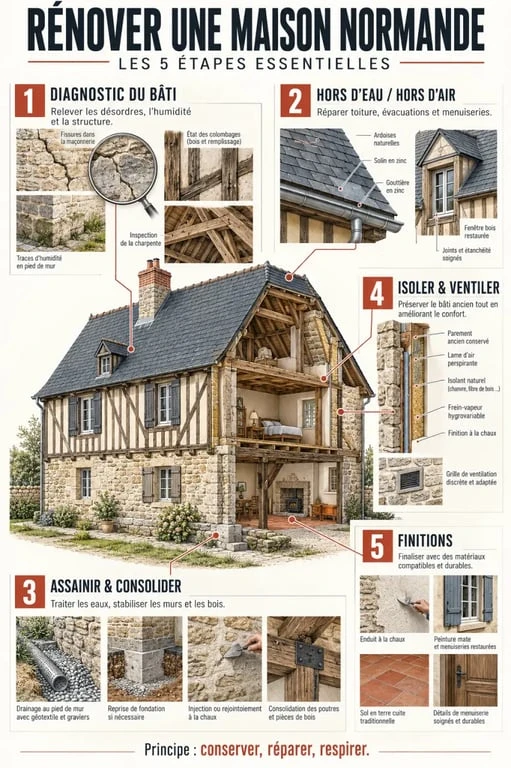Étapes clés d’une rénovation de maison normande ancienne, du diagnostic aux finitions