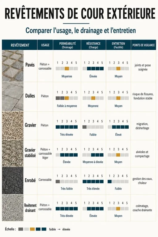 Infographie comparative pour l'aménagement d'une cour extérieure selon les revêtements