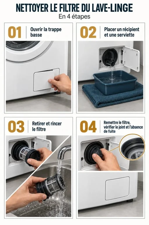 Illustration des étapes pour nettoyer le filtre du lave-linge sans provoquer de fuite