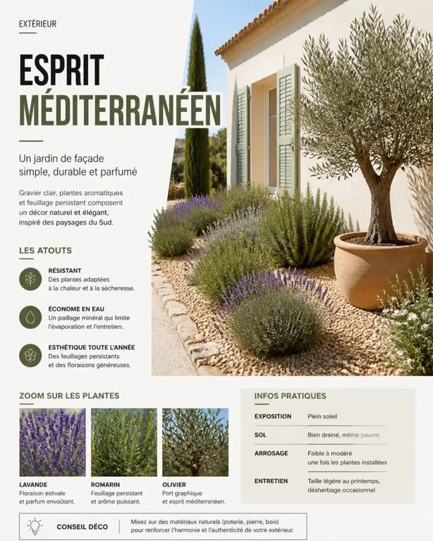 Aménagement paysager jardin devant maison style méditerranéen avec lavande et gravier
