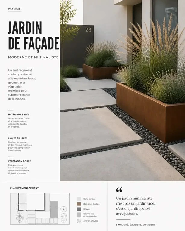 Idée aménagement jardin devant maison style moderne avec acier Corten et graminées