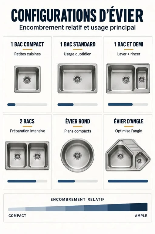 Taille standard évier : comparaison visuelle des formats 1 bac, 1 bac et demi et 2 bacs