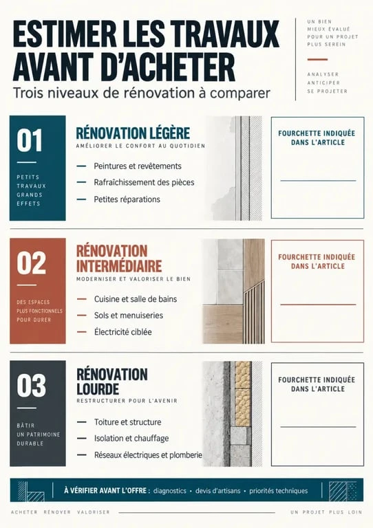 Estimation travaux maison avant achat selon trois niveaux de rénovation et principaux postes
