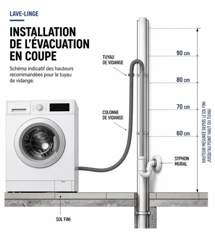 Schéma de la hauteur evac machine a laver entre 60 et 90 cm depuis le sol fini