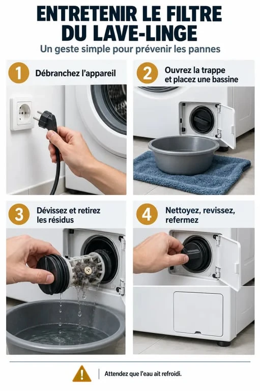 Comment résoudre le problème « ma machine à laver n’essore plus » en nettoyant le filtre de vidange