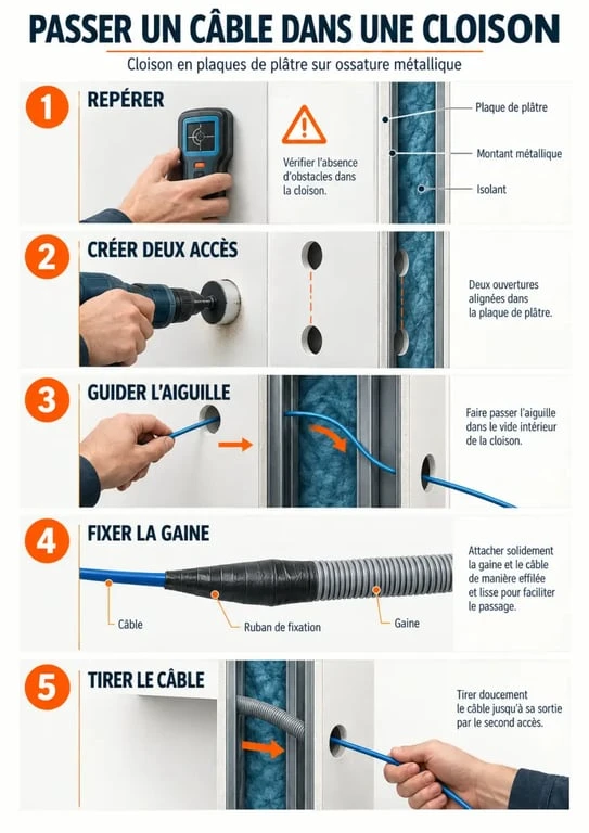 Illustration des étapes pour passer un câble dans une cloison en placo