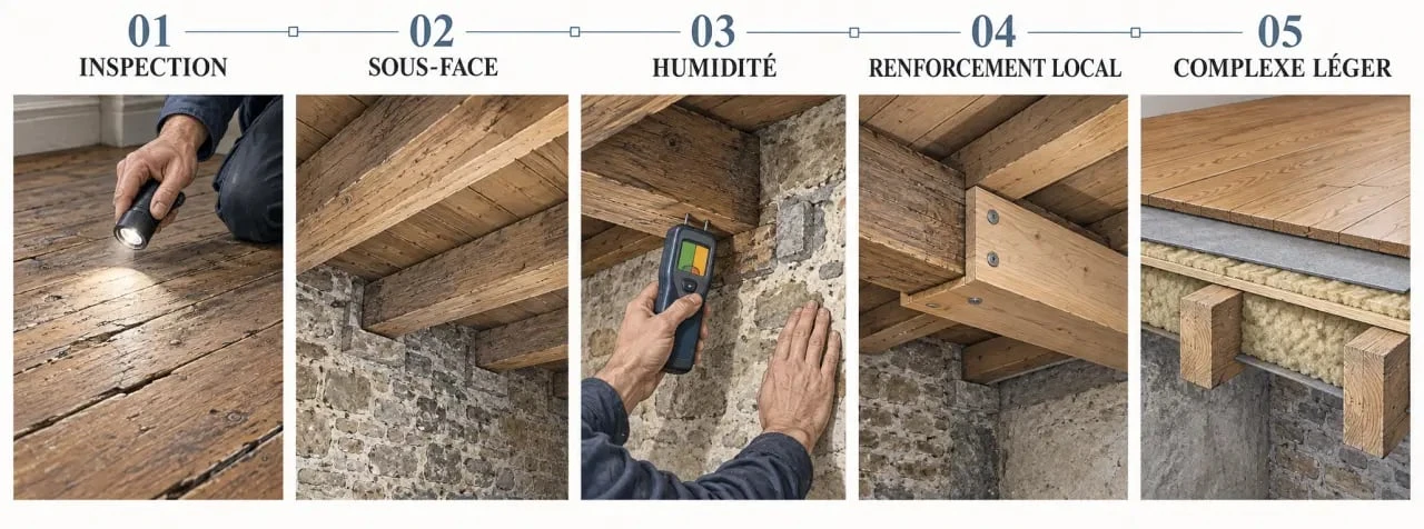 Étapes de rénovation d’un plancher de maison ancienne avec diagnostic des solives et renforcement