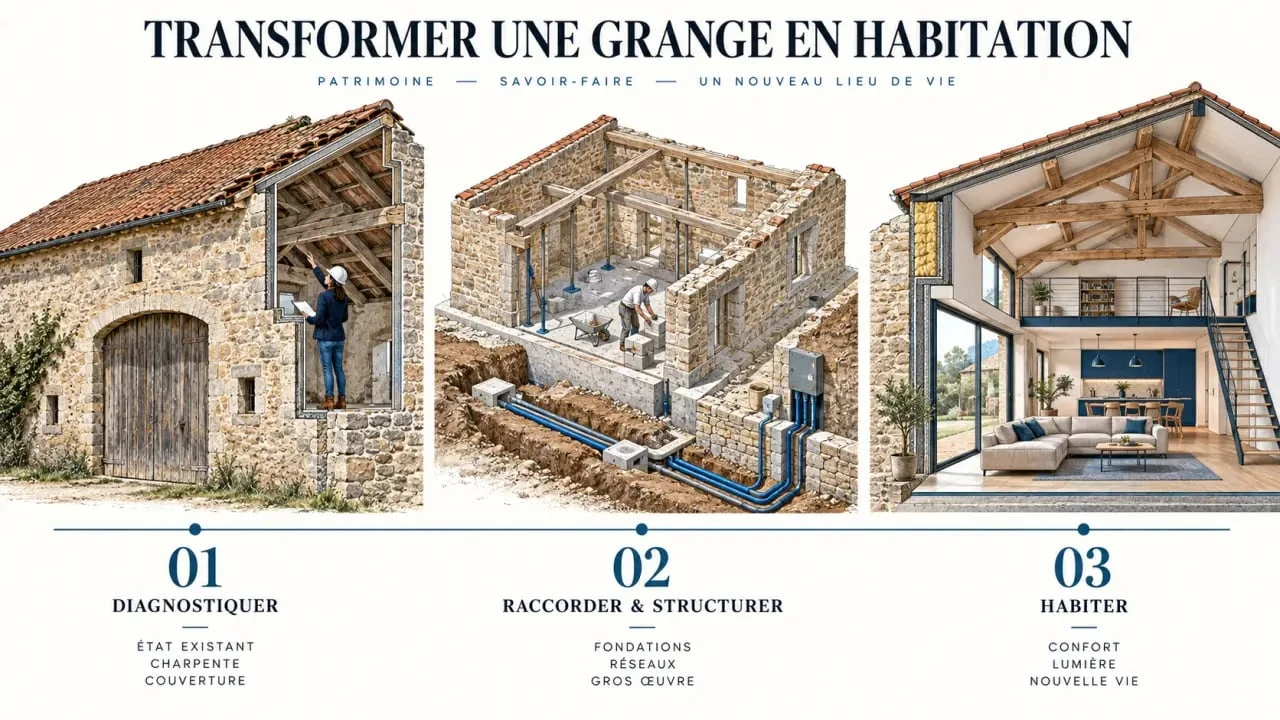 Étapes clés pour aménager une grange en habitation, du diagnostic aux finitions