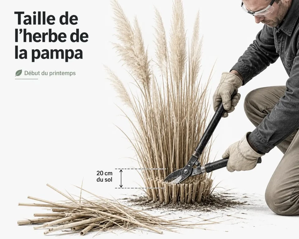 Taille pampa au début du printemps avec coupe à 20 cm du sol et équipement de protection