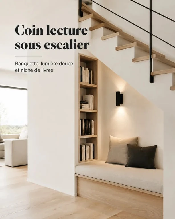 Aménagement sous escalier ouvert en coin lecture avec banquette