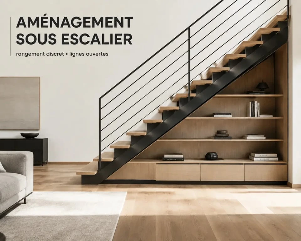Aménagement sous escalier ouvert avec étagères basses et rangement discret