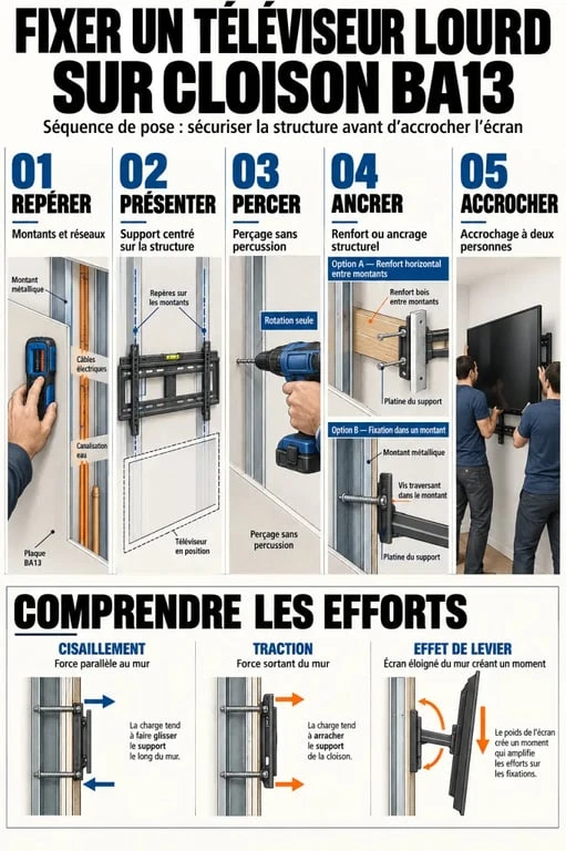 Illustration des étapes pour fixer une TV de 30 kg sur du BA13 avec ancrage dans la structure
