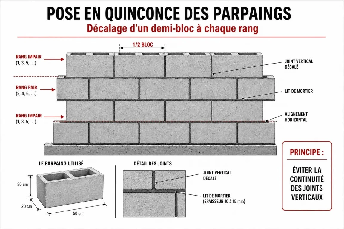 Schéma de pose en quinconce pour monter un mur en parpaing