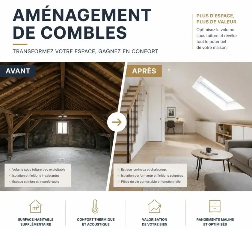 Aménager des combles : avant et après transformation d'un grenier brut en pièce habitable lumineuse