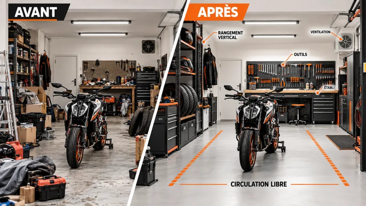 Aménager un garage pratique pour entretenir sa moto avec circulation, établi et rangement vertical
