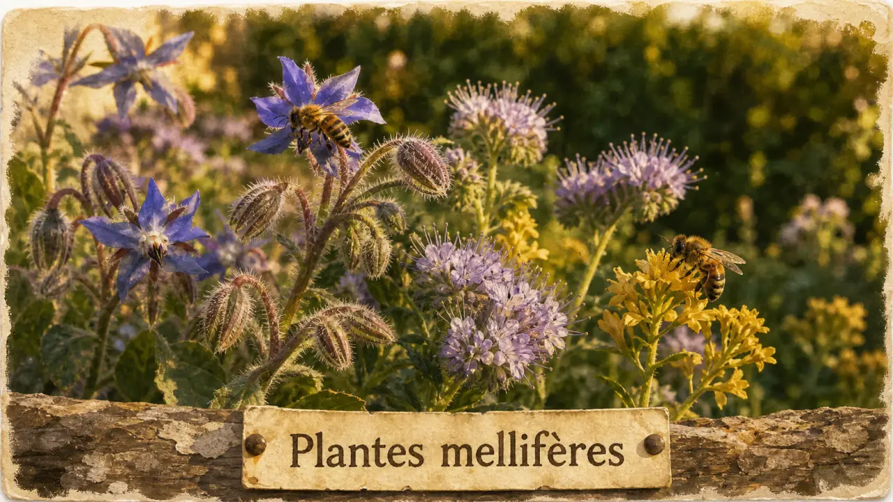 Plantes mellifere : bourrache et phacélie en fleurs, abeilles sur fleurs