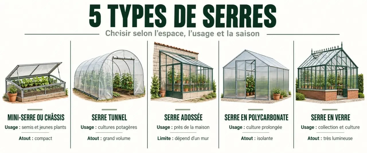 Infographie comparative des types de serre pour le jardinage serre