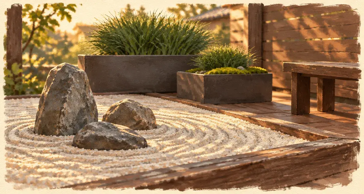 Jardin zen exterieur pas cher : gravier ratissé, pierres et banc bois