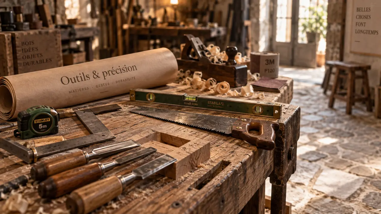 Outil pour menuiserie : scie, rabot et ciseau en atelier